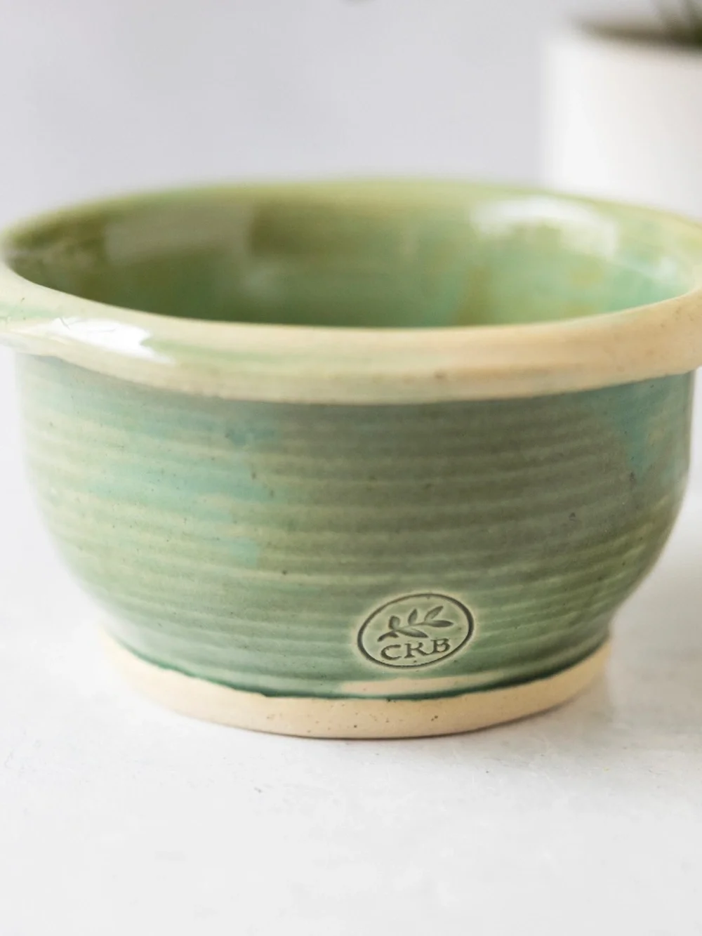 CRB green handmade signed studio pottery planter with drainage hole 5.5